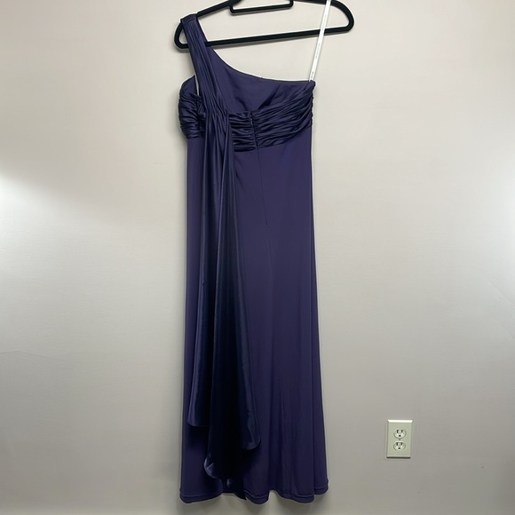 David’s Bridal One Shoulder Long Jersey Dress with Cascade Back Lapis Purple 8 - Picture 6 of 16